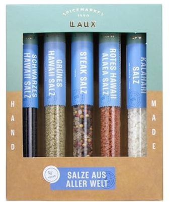 Laux Salze Aus Aller Welt Geschenkbox - 5 Gourmet Salz Gewürze - Hochwertiges Salat & Grill Zubehör - Geschenk-Ideen für Frauen & Männer - Ausgefallene Geschenke (5x76g)