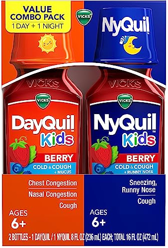 Vicks Kids Dayquil & Nyquil Berry Cold & Cough Medicine Co-Pack, Daytime & Nighttime Relief of Multiple Symptoms, Great-Tasting Berry Flavor, Free of Alcohol & Acetaminophen, for Ages 6+, 2X8Oz
