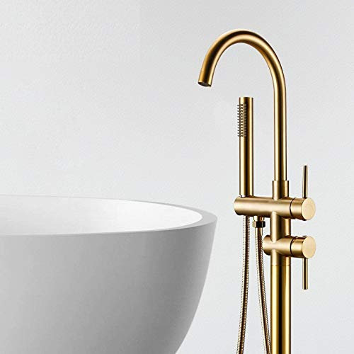 UNLOU Matt Gold brüniert Badezimmer Luxus Wanne Waschbecken Wasserhahn Bodenmontage Badewanne Mischbatterie Massives Messing Set Freistehendes Warm- und Kaltbad
