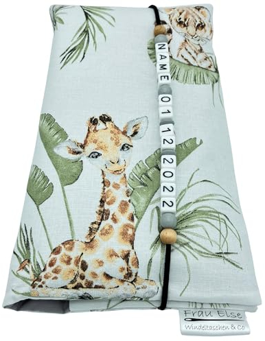 Große Windeltasche XXL mit Name personalisiert Wickeltasche - Zootiere Tierbabys weiß grün grau - für Jungen und Mädchen