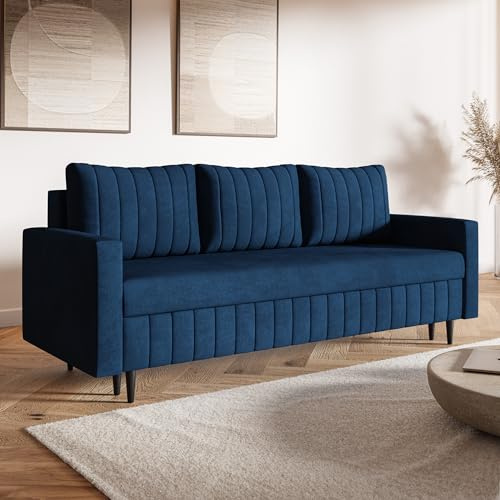 MOTIVENA Leo Sofagarnituren, 3 Sitzer Sofa mit Bettfunktion, Schlafsofa 215 cm Breit, Klappsofa mit Schlaffunktion, Bettsofa mit Schlaffunktion, Taschenfederkern (H3), Samt Blau