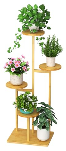 Ribelli Soporte para plantas de bambú de 5 niveles, varios niveles, soporte para 6 macetas, soporte para flores, escalera para balcón, sala de estar, terraza, 510000