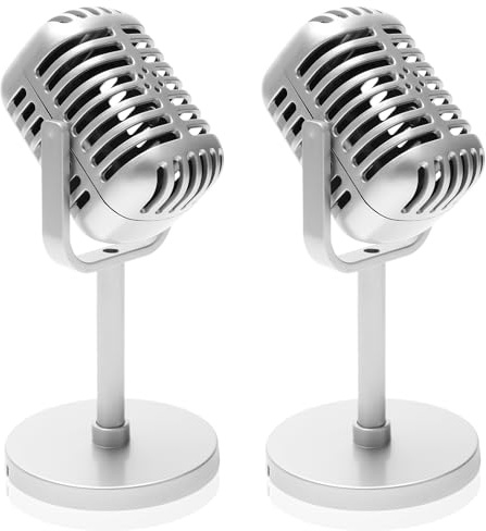 Windspeed 2 Pack Retro Microphone Props Model, 6.7x3.1in Antique Microphone Prop with Stand Fake Micro Phone Decoration for Music Theam Party Decorations Pretend Play(Not True) (Silver)