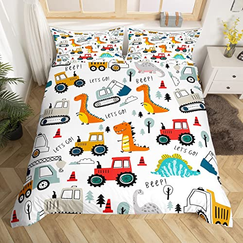 Homemissing Construction Parure de Lit Enfants Dessin animé Dinosaure Literie Set garçon équipement Camion Housse de Couette 140x200cm véhicule de Construction Jungle Dino Ensemble de Literie