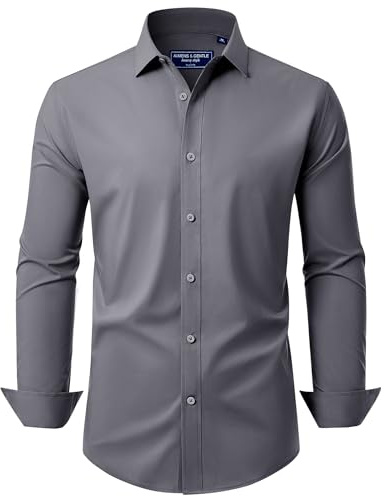 Alimens & Gentle Men's Dress Shirt Regular Fit Stretch Stain Shield Long Sleeve Solid Business Wedding Grey Button Down Shirts,Dark Grey,XX-Large