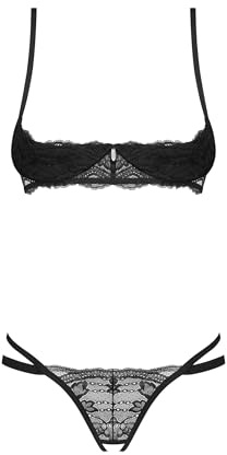 Selente Love & Fun - Conjunto de lencería seductora de 3 piezas para mujer de sujetador, bragas y venda de satén, fabricado en la UE, Negro-medio sujetador ouvert, XL-XXL