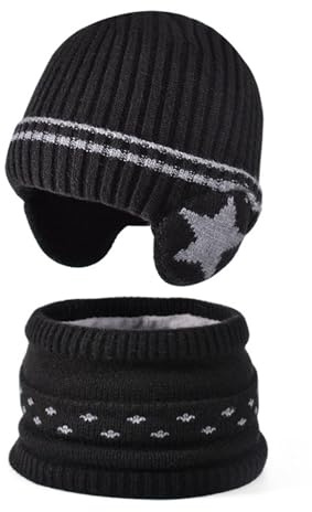 DKDDSSS Set de Gorro y Bufanda Niño, Gorro de Punto de Invierno y Bufanda Circular, Sombrero de Invierno, con Orejeras Braga de Cuello Forro Polar, para 3-8 Año niños niñas