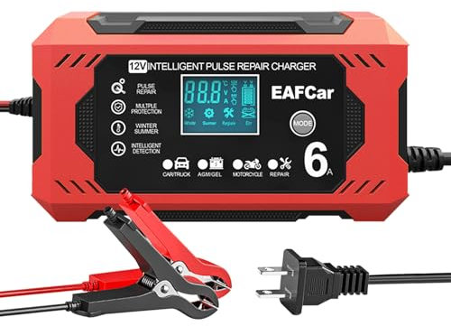 EAFCar Chargeur de batterie de 6 A, chargeur de batterie de voiture 12 V, charge automatique intelligente au plomb avec compensation de température pour voiture, camion, tondeuse à gazon, bateau
