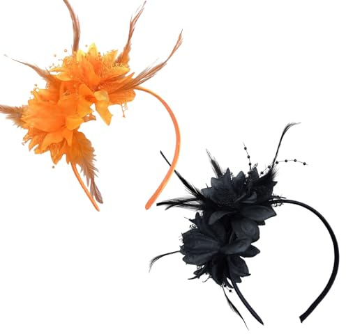 SAIIURV 2 Stücke Feder Haarreif mit Künstlichen Blumen, Retro Haarband Haarreif Fascinator, 20er Jahre Stirnband Feder für Karneval Cocktail Hochzeit Tee-Party Accessoires (Orange, Schwarz)