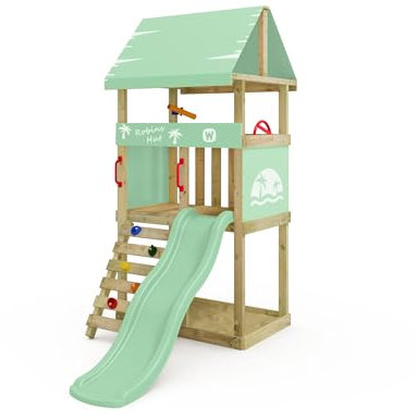 Wickey Spielturm DinkyHouse ohne Schaukelanbau - pastellgrüne Rutsche & Plane - Kinder Kletterturm für den Garten aus Massivholz - 219x114x247 cm