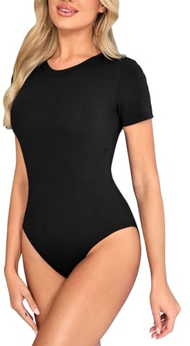 Kefiyis Bodysuit Short Sleeves Bodysuits for Women UK Crew Neck Body Suits Casual Slimming Stretch Leotard Tops with Snap Closure Thong Black S