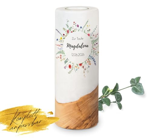 MOMENTU® Taufkerze personalisiert Holzelement Wiesenblumen Ø8 x 20 cm - [Teelichteinsatz] Taufgeschenk für Jungen und Mädchen, frische Blumen Blüten, selber machen gestalten, nachhaltige Rohstoffe