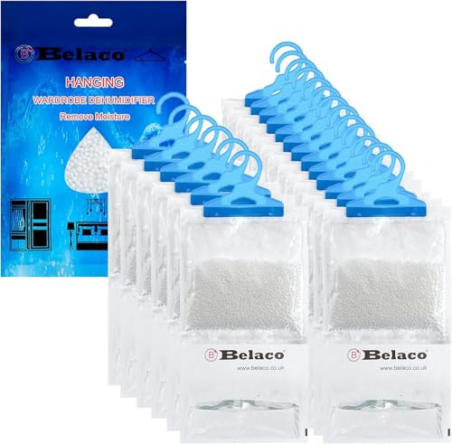 Belaco Set of 18 Hanging Dehumidifier, 230g Moisture Absorber, Dehumidifier for home, Ideal to eliminate damp & Condensation Bedroom, Wardrobe, Kitchen, Basement, Office etc (18)