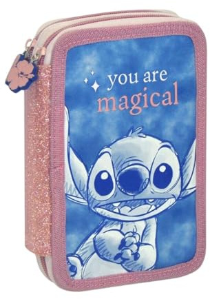 mybagstory - Stitch – Schüleretui gefüllt 20 x 14 x 5 cm – Federmäppchen 2 Fächer mit Bleistiften, Filzstiften und Zubehör – Hartschalenmäppchen für Mädchen – Grundschule