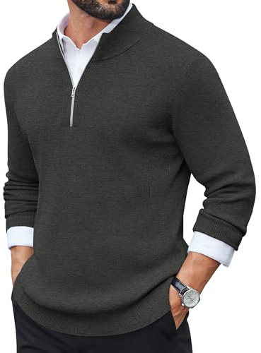COOFANDY Pull Hommes Maille Half Zip Pulls à Col Montant Travail Manches Longues Hiver Maille Fine Sweat Homme Chandail Gris Foncé L