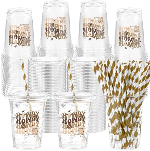 Yungyan 50 Sets Western Cowboy Plastic Cups with Lids and Straws 16 oz Howdy Brown Cowboy Cowgirl Coffee Juice Drinking Cups for Western Party Decoration Wedding Birthday Bachelorette Party Supplies