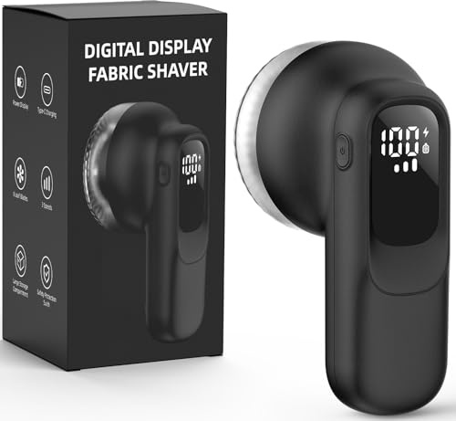 Fabric Shaver, Electric Lint Remover with 3 Speeds 6 Leaf Blades Digital LED Display to Remove Pilling for Clothes and Furniture (Black)