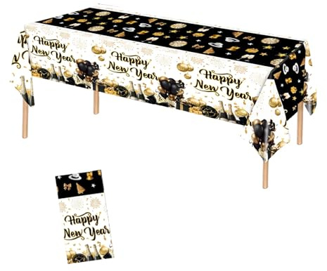 Tischdecke Silvester,Tisch Deko Silvester Tischdeko 2026 Happy New Year Tischdecken Schwarz Gold Einweg Tablecloth Neues Jahr Party Decorations Kunststoff Rechteckig Table Cover,für Neujahrsparty Eve