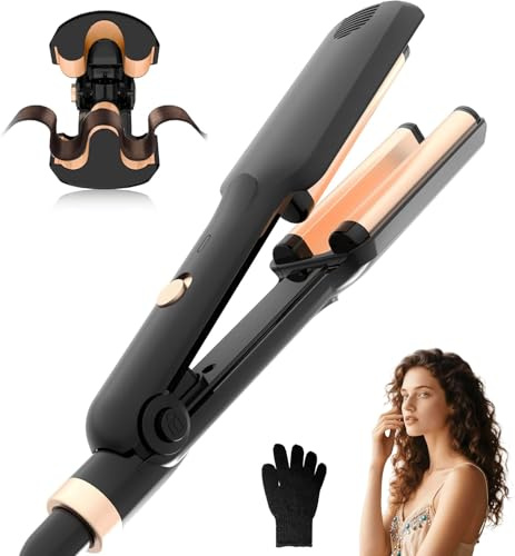 UKLISS Mini vågjärn för hår, UKLISS 3 fat strand vågor locktång med handskar, Mermaid Hair Waver för vågor hår, Pro bärbart hår locktång, minilockar (svart)