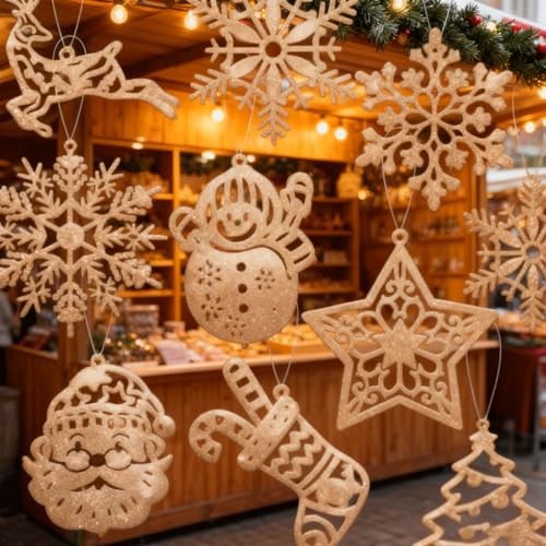 VIKY 42 pezzi albero di Natale decorativo oro champagne – Elegante ciondolo natalizio in carta con Babbo Natale, renna, stella, calzino, pupazzo di neve e 4 fiocchi di neve – decorazioni per albero di