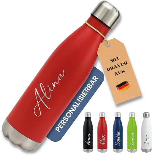 SMARTEON Trinkflasche personalisiert mit Namen – Edelstahl Isolierflasche mit Gravur – Personalisierte Sportflasche Erwachsene & Kinder – Thermosflasche personalisiert – Flasche mit Namen (Rot)