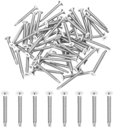 QUARKZMAN 60Pcs M4.2x38mm Vis Autotaraudeuse Tête Plate Blanc Vis Autoperceuses en Acier Inoxydable 410 pour Tôle, Argentées