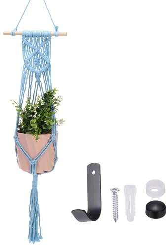 sourcing map Macrame Plant Hanger, 34 Inch Plant Hanger Indoor Outdoor Hanging Planter with Hook Tassels Decorative Crochet Cotton Rope for Home Decor Plants Pots,Rope Style Blue