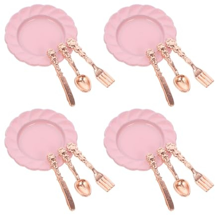 Mikikit Lot de 4 Sets de Mini Assiettes Roses en Alliage 12 Ustensiles pour Maison de Poupée Vaisselle Miniature Réaliste et Solide Accessoires la Cuisine Miniatures pour Jeu Éducatif