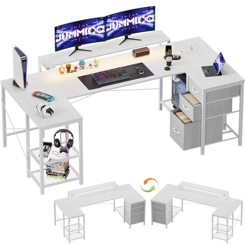 JUMMICO Gaming Schreibtisch Eckschreibtisch L-Form, 170x95cm mit LED-Beleuchtung, höhenverstellbarem Monitorständer, 3 Schubladen, 2 Steckdosen & 2 USB, Schreibtisch aus Stahl und Holz,Weiß