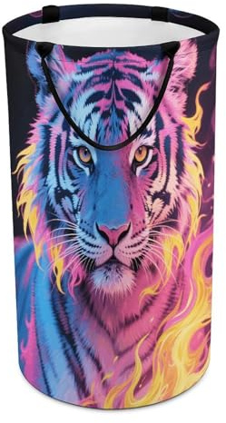 Blue Pink And Yellow Fire Tiger Laundry Basket with Handles Large Collapsible Laundry Bag Freestanding Waterproof Clothes Hamper Decor Storage of Dirty Clothe for Family Bathroom 86L