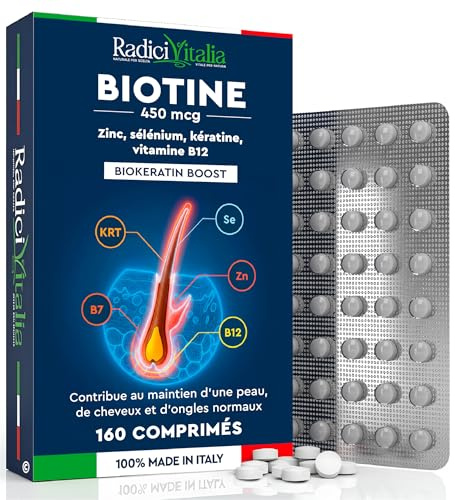 Biotine Zinc et Sélénium 450mcg Complément Vitamine B12 160 Comprimés Maintien Cheveux Peau et Ongles Sains avec Kératine Biokeratin Boost pour Cheveux Élastiques Robustes RadiciVitalia Made in Italy