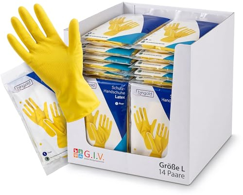 G.I.V. Wiederverwendbare Reinigungshandschuhe - Naturlatex Gummihandschuhe mit Innenbeflockung aus Baumwolle, Wasserdicht & Rutschfest, Chemikalienhandschuhe, Schutzhandschuhe (Größe L/9 - 14 Paare)