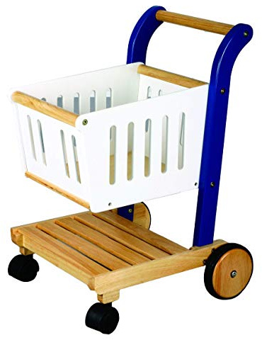 blauer Einkaufswagen aus Holz, Kaufladenzubehör