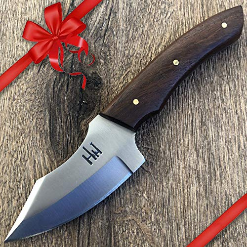 Hobby Hut HH-904 | Couteau de Chasse de 7,5 Pouces en Acier Inoxydable 420C | Manche en Bois de Noyer | Étui en Cuir | Conçu pour Le Skinning, Le Camping