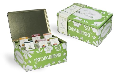 Regina di Fiori - Confezione Regalo con Infusi e Tisane Biologici. 6 Gusti Assortiti, 30 Filtri, in Latta Decorata