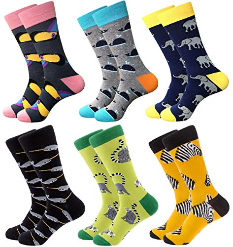 RedMaple Mens Colorful Dress Socks - Funky Pattern Socks Novelty Smart Design Cotton Casual Calf Socks 6 Pairs, UK6-11.5,Animal Series