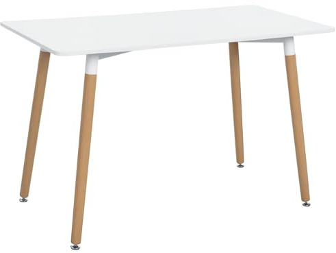 HOMCOM Moderner Esstisch, nordischer Stil, mit Füßen aus Buchenholz, Gestell aus Metall, mit verstellbaren Polstern, 120 x 60 x 75 cm, Weiß