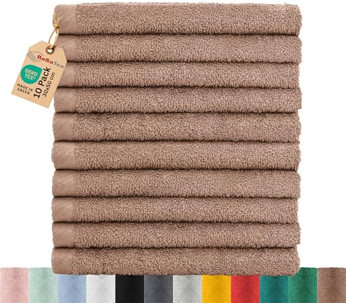 BaSaTex Handtuch Set für Gäste 10er Pack Handtücher Waschtücher Baumwolle | Frottee-Handtücher mit Aufhängeschlaufe, Waschtücher für Gäste Öko-Tex Standard, Sandfarben, Frottee, Öko-Tex