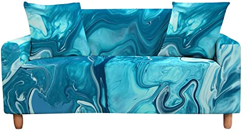 Highdi Sofabezug Sofaüberwürfe für 1/2/3/4 Sitzer, Marmor Fließfarbe Armlehnen Sofa Cover Elastisch Spandex Stretch Antirutsch Sofa Cover Sofahusse Couchbezug Möbelschutz (Blauer See,4 Sitzer)
