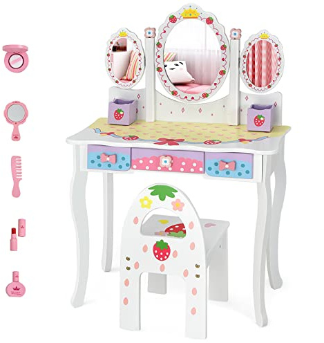 Costzon Kids Vanity Set with Mirror, 2 in 1 Princess Makeup Dressing Table w/Detachable Top, Toddler Vanity w/Drawers, Accessories, Vanity Table & Chair Set for Little Girls, White