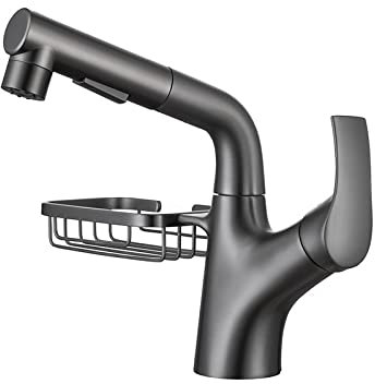 Robinet Mitigeur Lavabo avec Douchette Extractible Pivotant à 360° Robinet Salle de Bain 2 Modes Robinetterie Vasque à Poser Gris Pistolet