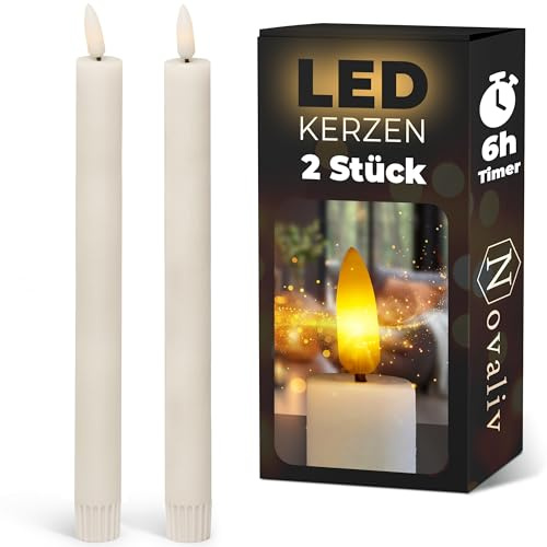 Novaliv LED Stabkerze 2er Indoor mit Timer Funktion - 6 Stunden - Weiß - 22cm Höhe für 2,2cm Durchmesser / 2x AAA Batterie notwendig - Stabkerze LED bewegliche Flamme
