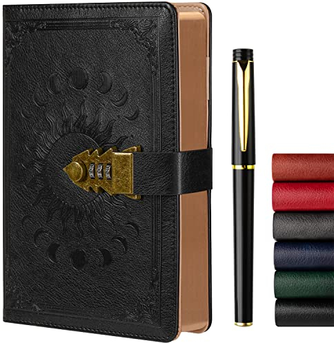 Tagebuch mit Schloss für Frauen/Männer, geheimes Tagebuch für Mädchen, A5 Notizbuch mit Stift Set, nachfüllbares Leder Journal Schreiben Notizbuch, Größe A5(8.5 × 5.9 Zoll) Schwarz
