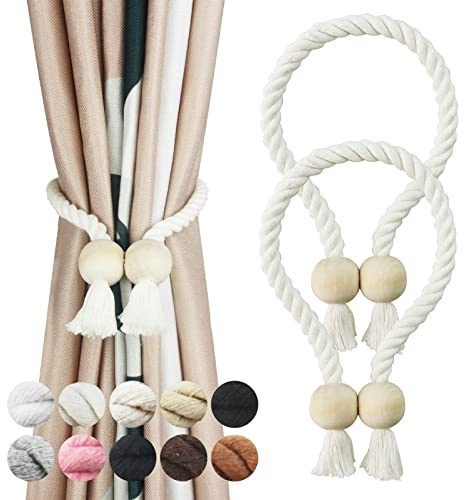 Porlau 2 Pack Cream Magnetic Curtain Tiebacks Cotton Hand Woven Tieback Holdback Decorative Tie Backs for Drapes with Wooden Buckle No Tools Required