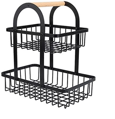 Panier à œufs Panier de Rangement pour Fruits Panier de Rangement pour comptoir de Cuisine à 2 Niveaux avec poignée en Bois Corbeille à Fruits Corbeille à Pain (Noir)