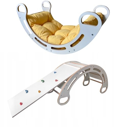 Montessori Arco da Arrampicata con Scivolo e Cuscino (Giallo) per Bambini 85 x 41,5 x 39 cm - Struttura Arrampicata per interni a partire da 1 anno - in MDF