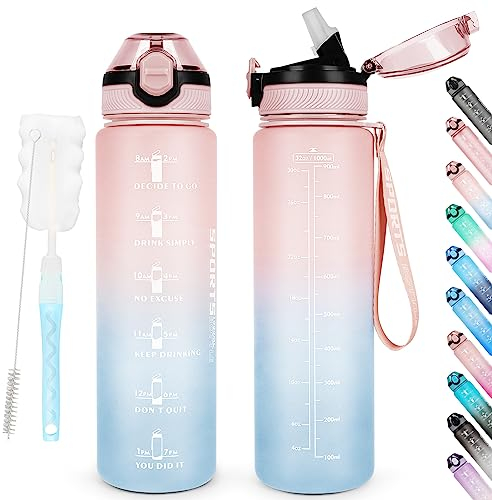 AOHAN Borraccia sportiva senza BPA da 1 l, con cannuccia, lavabile in lavastoviglie, bottiglia d'acqua motivazionale a tenuta stagna con indicazione del tempo, non tossica per mensa (Blu Rosa)
