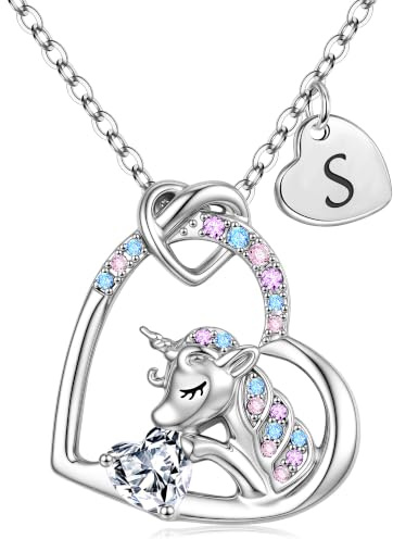 TINGN Einhorn Kette für Mädchen Geschenke - CZ Einhorn Anhänger Kette für Mädchen Herz Einhorn Kette Kinder Einhorn Halskette mit Buchstaben Kinder Schmuck Mädchen Geburtstagsgeschenk für Mädchen