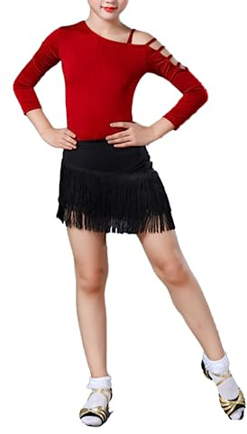 Abito da Ballo Latino a Due Pezzi per Ragazze con Frange in Tessuto Tassel, Composto da Un Body e Una Gonna da Ballo. Perfetto per esibizioni sul palco di Tango, Salsa e Altre Danze,Nero,130cm