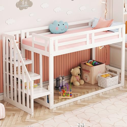 KecDuey Lettino 90 x 200 cm, letto a castello basso con scala di sicurezza, recinzione, struttura per letto a castello in legno massello con rete a doghe (bianco), LDB00042 ETAGENBETT